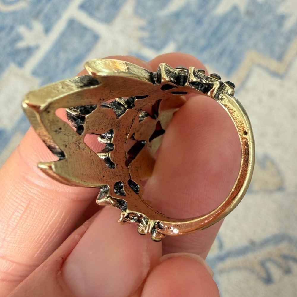 Vintage Enamel Art Deco Ring – Blue Crystal Gold Statement Jewelry - Picture 7 of 11
